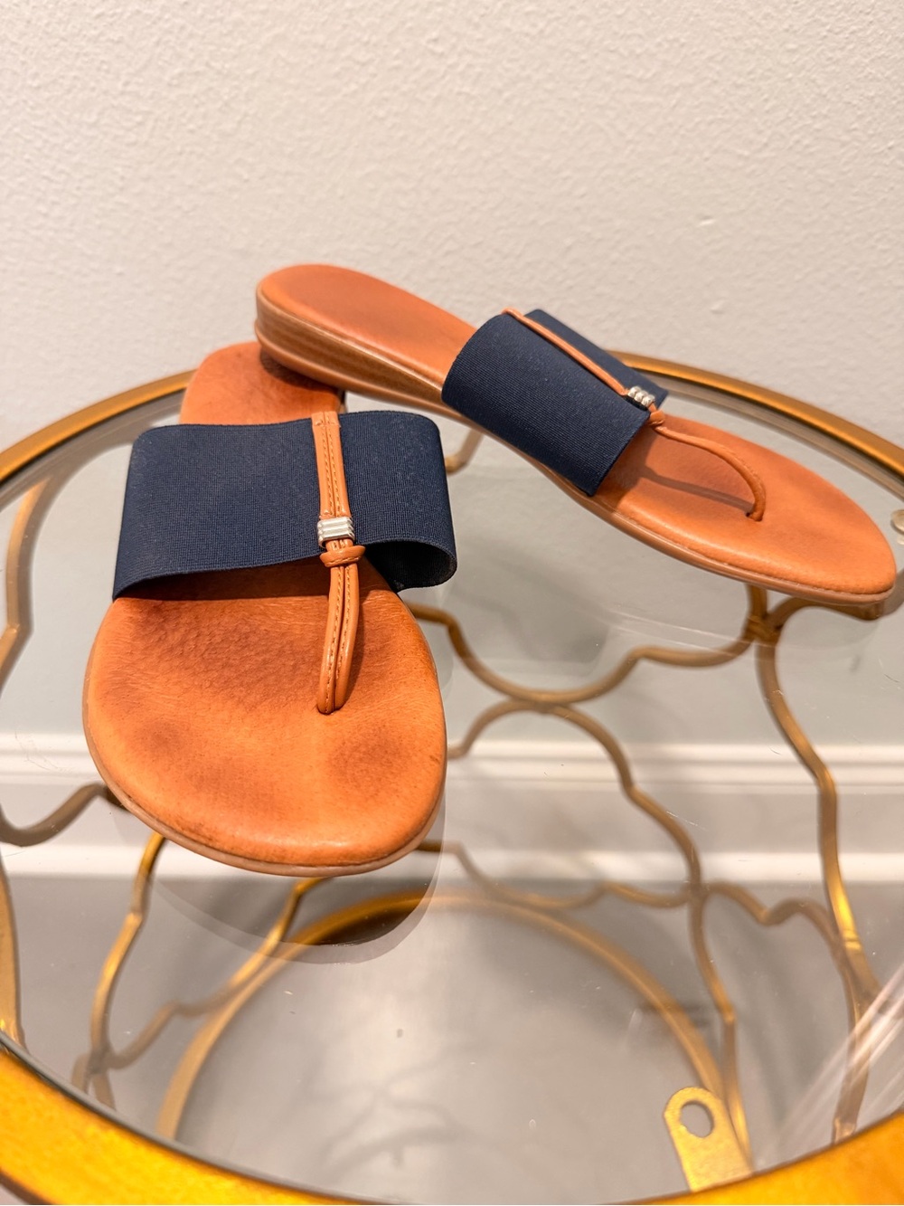 Andre Assous Navy and Tan Slide Thong Sandals Size 9